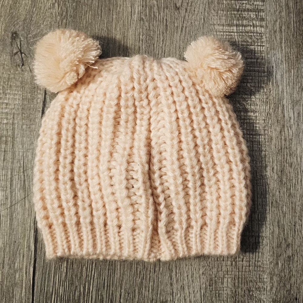 Cozy Soft Pink Cream Knit Pom-Pom Beanie for Kids 100% Acrylic